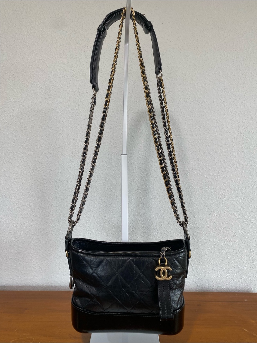 Black Quilted Leather Shoulder Bag with Chain Strap